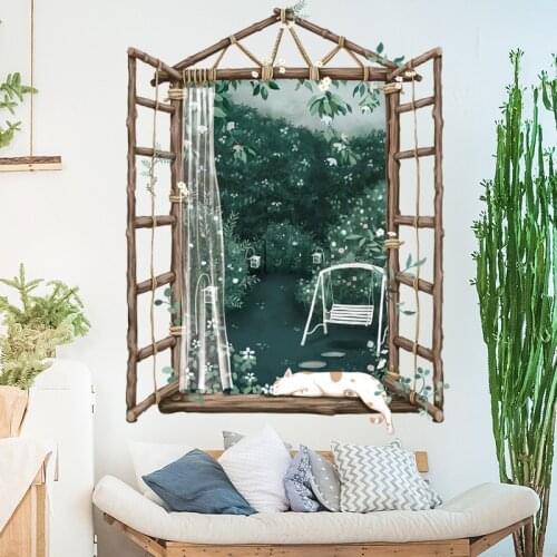 BRUP Hand Drawn Vivid Wooden Window Beautiful Green Plants Garden View Wall Stickers Cat Sleeping for Living Room Bedroom Murals