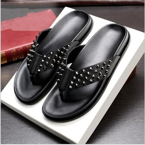 Black Rivets Flip flops Flat heel Leisure Summer Sandals Genuine leather Man Slippers