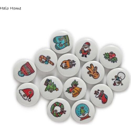 50pcs Christmas Theme Wood Buttons for Handwork Sewing Scrapbook Clothing Crafts Accessories Gift Card Decor 15mm