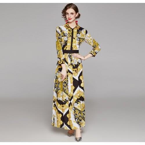 Long Dresses for Women Elegant Party Wedding Evening Printing Vintage Ankle-Length Turn-down Collar Autumn Big Shirt Maxi Dress