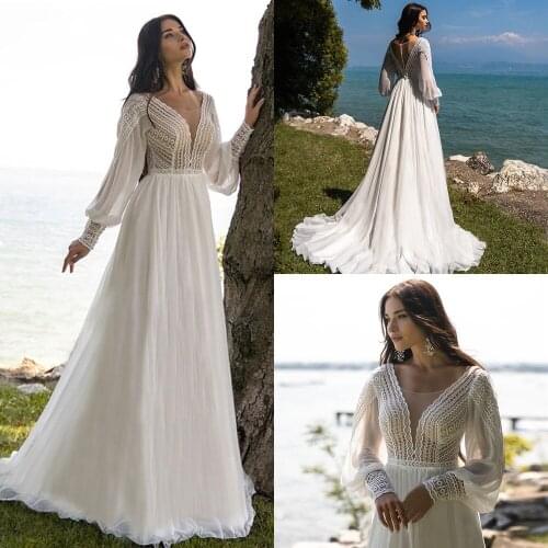 Elegant Bohomia A-line Bride leader 2021 Top Chiffon Sweep Zug V-section Puffy Sleeve Beach Bride leader Vestido De Noiva