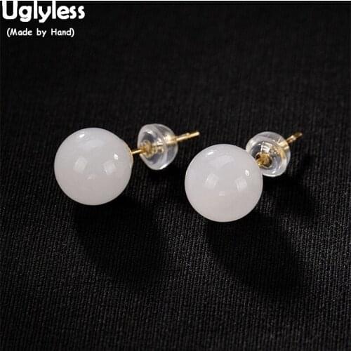 Uglyless Classic Women Gemstones Ball Stud Earrings Simple Fashion Natural White Jade Fine Jewelry Gold Plated Solid 925 Silver