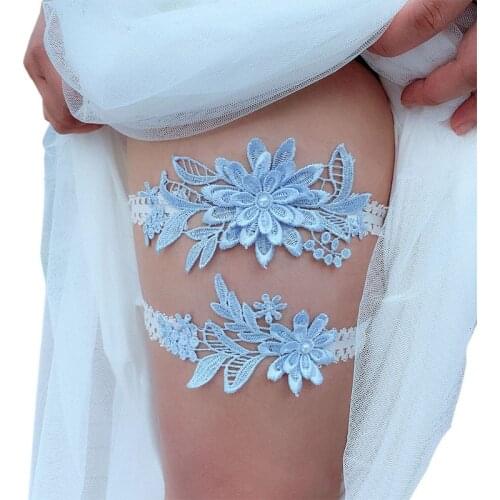 83XC Womens Bridal Stretch Lace Thigh Rings Set Sky Blue Embroidered Flower Applique Patchwork Faux Pearl Wedding Prom Garter
