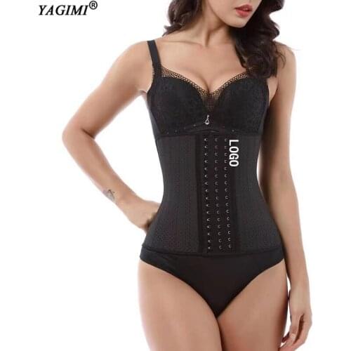 YAGIMI Logo Print Waist Trainer with 25 Steel Bone Hollow Out Corset Sauna Waist Trimmer Weight Loss Support Belt Body Shaper