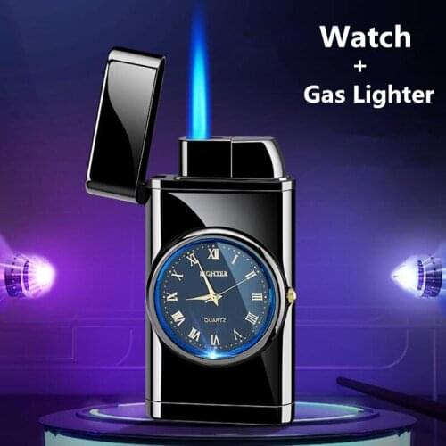 Creative Metal Watch Style Blue Flame Windproof Gas Lighter Inflatable Butane Cigar lighter Cigarette Lighters for Smoking Gifts