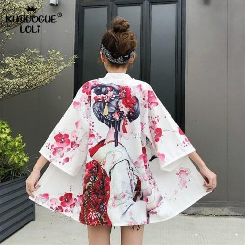 Summer Cardigan Lace-Up Kimono Thin Student Long-Sleeved Jacket Women Digital Chinese Style Printing Pattern Kimono Yukata Sweet