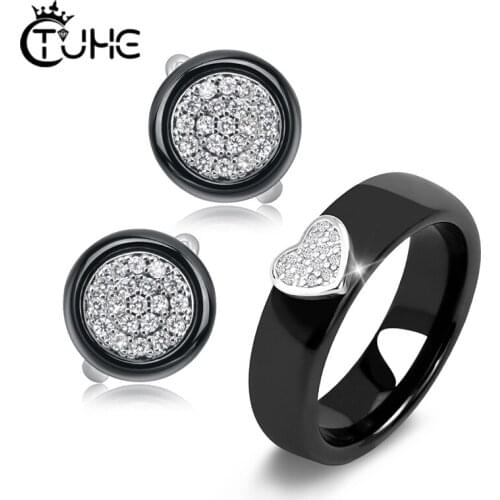 Lovely Heart Shape Ceramic RIngs Round Stud Earrings Fashion Jewelry Bling CZ Crystal Healthy Ceramic Jewelry Sets Chrismas Gift