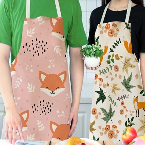 Cartoon Fox Linen Custom Cooking Aprons for Chefs Woman Man Children Japanese Garden Apron Dress Cute Pink Kitchen Accessories