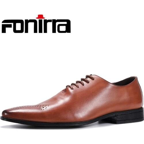 FONIRRA New 2019 Men Business Formal Dress Shoes Oxford Men Leather Shoes British Style Lace Up Pointed Toe Low Top Flats 412