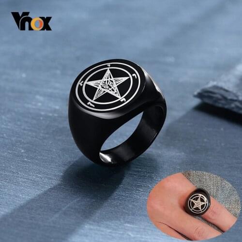 Vnox Mens Cool Satan Lucifer Signet Rings Black Color Stainless Steel Rock Punk Custom Engrave Male Jewelry