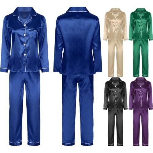 Autumn Women Satin 2Pcs Pajamas Set Sleepwear Nightwear Notched Collar Long Sleeve Button Down Blouse Shirt Tops With Pants