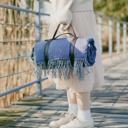 Outdoor Picnic Mat Foldable Portable Travel Camping Mat PU Strap Pad Tassel Plaid Blanket Thick Waterproof Multiplayer Beach Mat