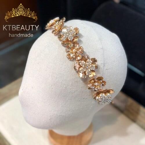 New Rhinestone Crystal Flowers Tiara Pearls Goldden Flower Headband Royal Bridal Wedding Dressing Crown Accessory Women Jewelry