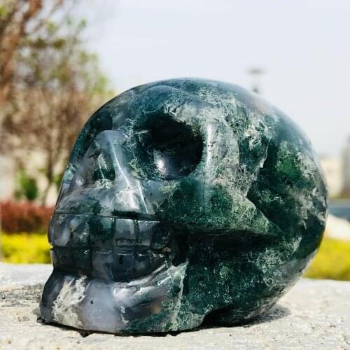 Natural water grass agate crystal hand carved skull reiki healing 1PC
