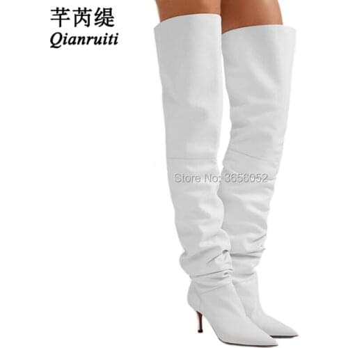 Qianruiti Pop Fashion Runway Shoes Long Botas Mujer Sexy Pointed Toe Med Stiletto Heels Pull On White Leather Thigh High Boots