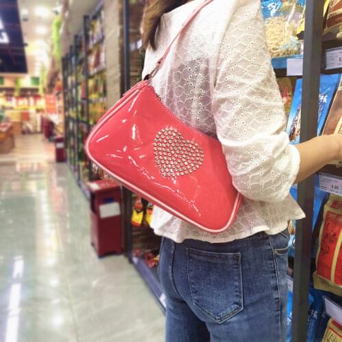 Rhinestone Girls Love Pink Purse Handbags Patent Leather Women Hobos Baguette Underarm Bag Vintage Ladies Small Shoulder Bags
