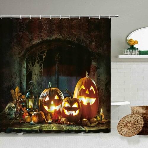 Happy Halloween Shower Curtain Pumpkin Skull Horror Holiday Theme Bathroom Farmhouse Retro Design Waterproof Screen With Hooks
