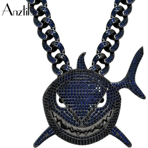 12mm High-End Black Blue Color Copper Shark Pendants & Necklace Bling AAA+ Cubic Zirconia Cuban Miami Chain Choker for Men Women