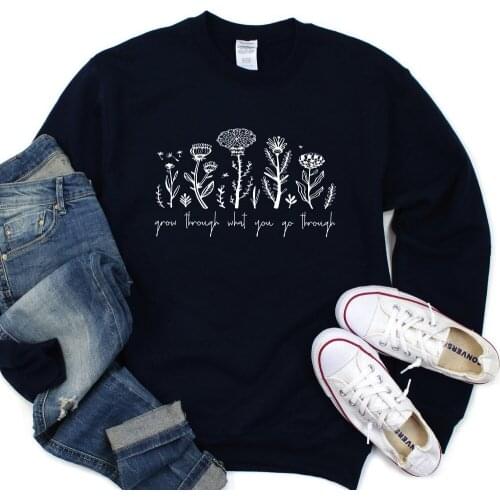 Grow Through What You Go Through Graphic Sweatshirt Women Causal Hoodies Autumn Long Sleeve Inspirational Tops Aesthetic Jumpers