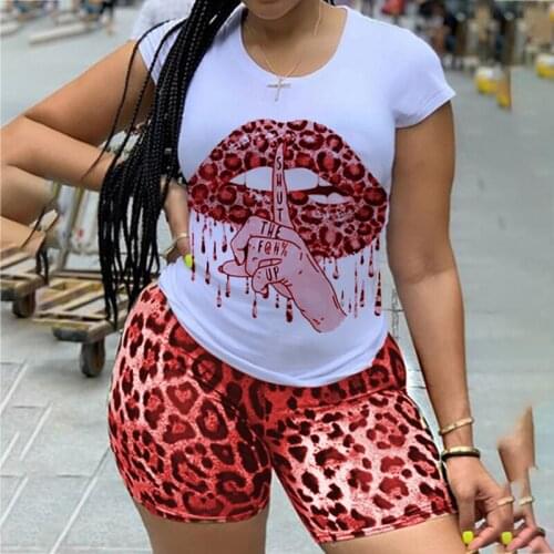 2021 Summer Leopard Lips Graphic Harajuku Skinny Womens Sets Clothes Short Sleeve Tee Tops and Leggings 5XL Sweatsuits