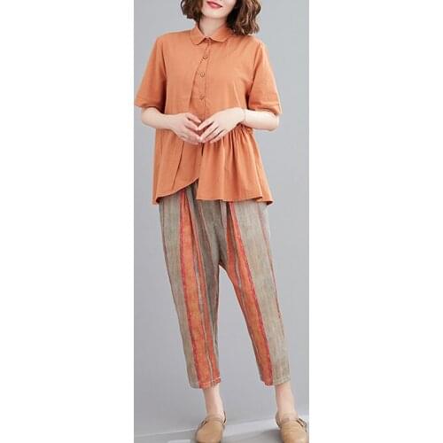 Ladies Stained Stripes Sets Cotton Linen Two-Piece Irregular Ruffled Shirt Nine-Point Harem Pants Loose Linen Fashion Suit Women