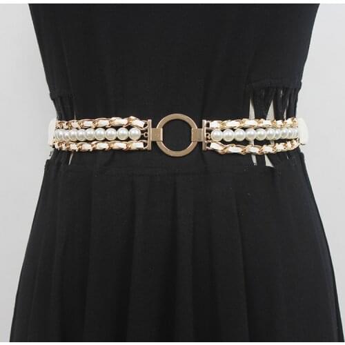 Womens Runway Fashion Pearl PU Leather knitted Cummerbunds Female Dress Corsets Waistband Belts Decoration Narrow Belt R1201