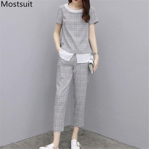 2020 Summer Fashion Plaid Two Piece Sets Women Short Sleeve Tops + Ankle-length Pants Suits Korean Casual Office Female Sets