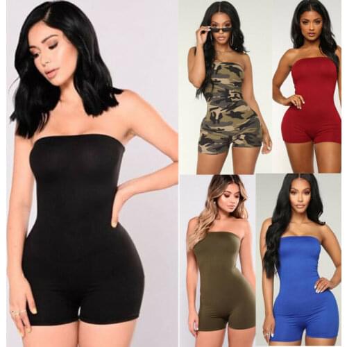 Women Casual Strapless Jumpsuit Playsuit Tube Bodysuit Bodycon Short Rompers Catsuit Clubwear Summer Off Shoulder Short Pants