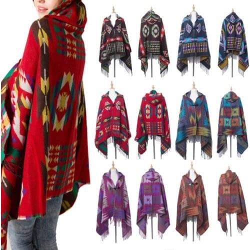 Women Ethnic Hooded Poncho Tassels Shawl Cape Geometric Pattern Cloak Cardigan