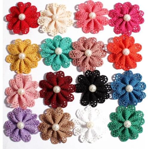 30pcs/lot 5.5cm 16colors Newborn Hair Flower Accessories With Pearl For Wedding Artificial Fabric Flowers For Kids Headbands