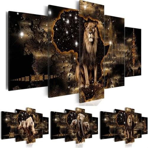 5 Pcs Fashion Wall Art Canvas Painting Abstract Golden Texture Animal Lion Elephant Rhinoceros Modern Home Decoration No Frame