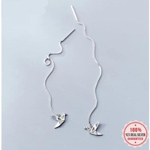 925 Sterling Silver Animal Long Tassel Chain Papercranes CZ Dangle Drop Earring For Women Wedding Jewelry DA1083