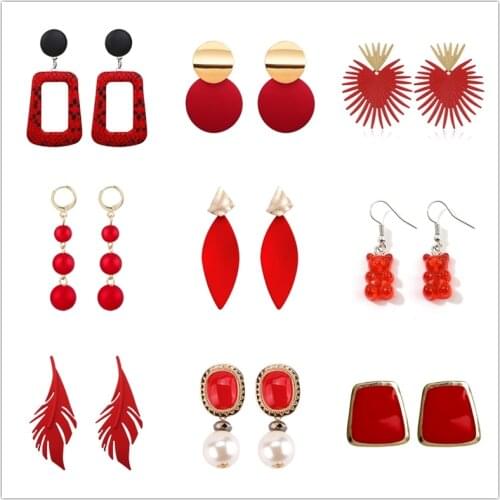 Red Color Drop Earrings for Women Summer Korean Flower Heart Leaf Earrings Sweet Wedding Party Jewelry Valentines Day Girl Gift
