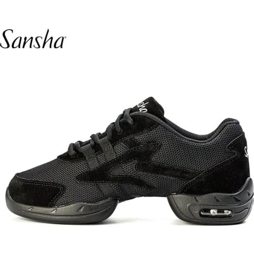 Sansha Unisex Dance Sneakers Leather Mesh Upper Thick PU Split-soles Black Pro Modern Dance Jazz Air Cushion Shoes P31M