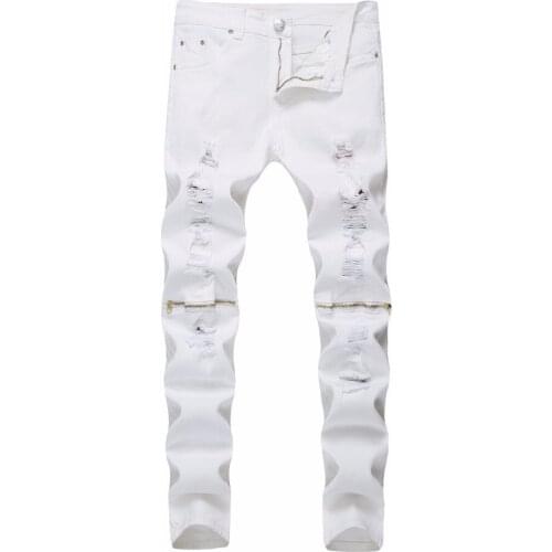 HOT 2020 Fashion Casual white Ripped hole denim jeans men hip hop dance Mens Jeans Slim Fit Feet Broken Zipper Stretch Trousers