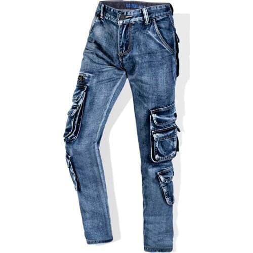 Mcikkny Fashion Mens Cargo Jean Pants With Multi-pockets Slim Fit Straight Denim Trousers For Male Washed Size 29-40