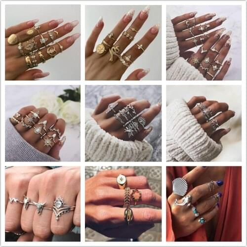 Tocona 20 Style Bohemia Vintage Gold Silver Color Ring Sets Shell Hollow Heart Carving Flowers Animal Geometric Crown for Women