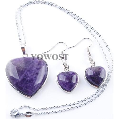Natural Amethysts Gem Stone Heart Pointed Reiki Chakra Beads Pendant Earrings Set Chain Necklace 18 inches Jewelry QQ3067