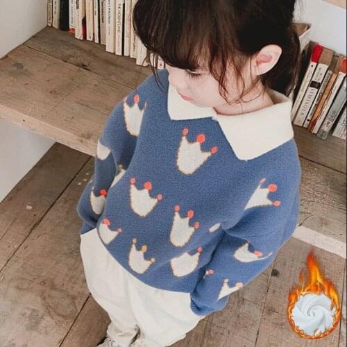 New Spring Winter Baby Girl Boys Casual Sweater Childrens Knitted Woolen Kids Warm Thicken Crown Blue Mink Down High Quality