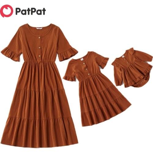 PatPat 100% Cotton Solid Color Ruffle Cuff Matching Brown Midi Dresses Red casual Matching Dresses