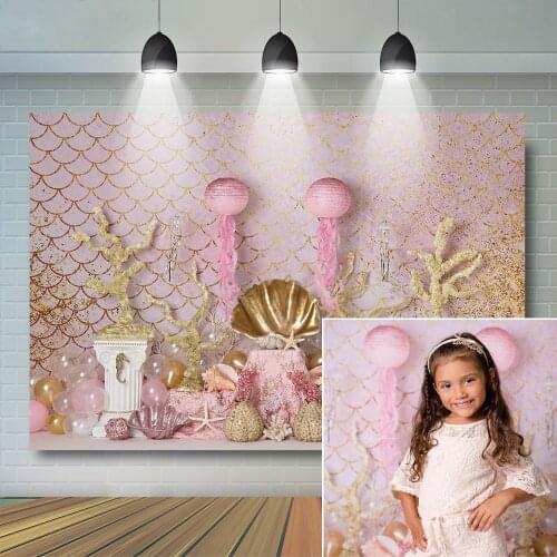 Pink Mermaid Baby Birthday Photography Backdrop Cake Smash Girl Under Sea Fish Party Banner Child Background Baby Photo Studio