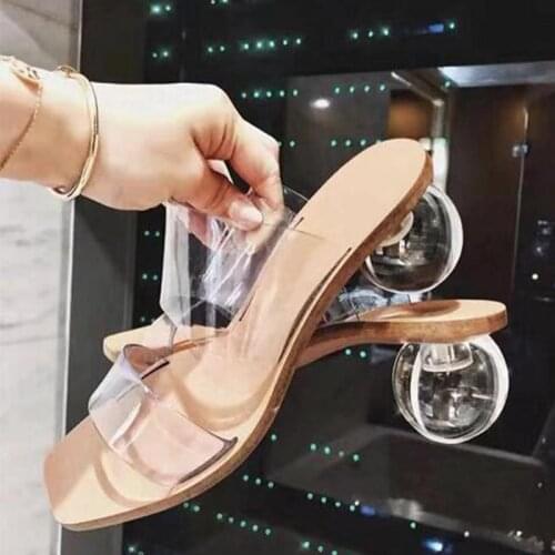 Summer Crystal Geometric Heel Women Slippers Shoes Transparent PVC Sandals Square Toe Ball Heel Slide Sandalias Mujer 2020 iol9