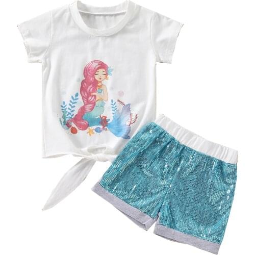 FOCUSNORM 2-7Y Toddler Kids Girl Clothes Sets Short Sleeve Cartoon Printed T-shirt Tops Sequins Shorts 2PCS Summer Outfits
