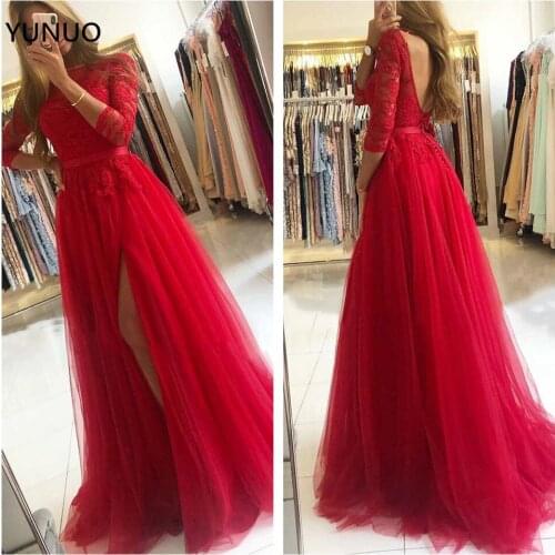 YUNUO Illusion Tulle Vestidos A-line Prom Dresses Lace 3/4 Sleeves Slit Vestidos De Fiesta Evening Gowns Covered Button