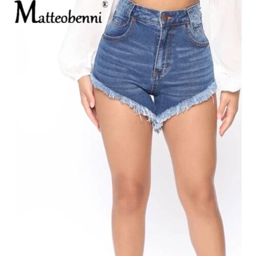 2021 Summer New Womens Irregular Fringe Fashion Casual Street Style High Waist Slim Elasticity Ladies Blueness Denim Shorts 2XL