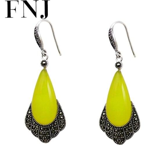 FNJ MARCASITE Earrings 925 Silver Jewelry for Women Jewelry Original Pure S925 Silver Sterling Drop Earring Yellow Green Agate