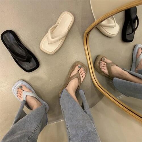 Chunky Harajuku Platform Flip Flops Women Fashion Sexy Slippers Summer Beach Square Toe Flat Slides Ladies Retro Mules Shoes New