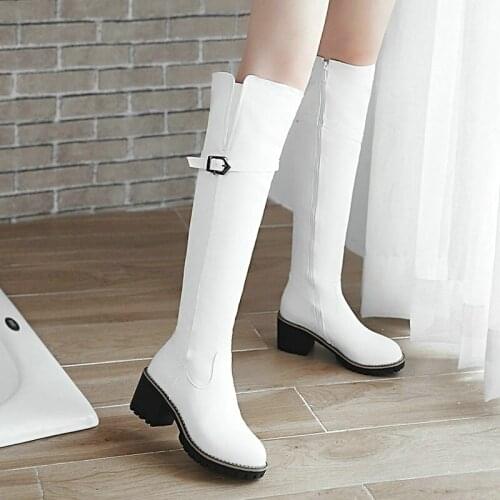 2021winter Retro Round Toe Women Knee High Boots Fashion Faux Leather Buckle Zipper Platform Boots Black and White Knight Boots