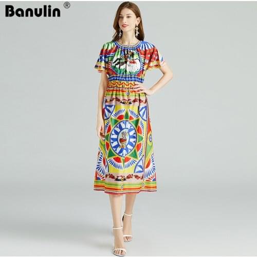 Banulin Women Sicilian Roman Warrior Printed Vintage Dress Summer Cloak Sleeve Geometric Pattern Elastic Waist Beach Dress N7413