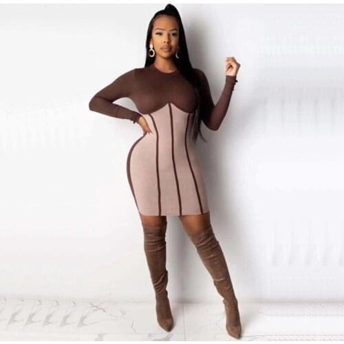 Free Shipping Wholesale Womens Dress Fashion Color Matching Stretch Tight Casual Celebrity Cocktail Party Bandage Dress